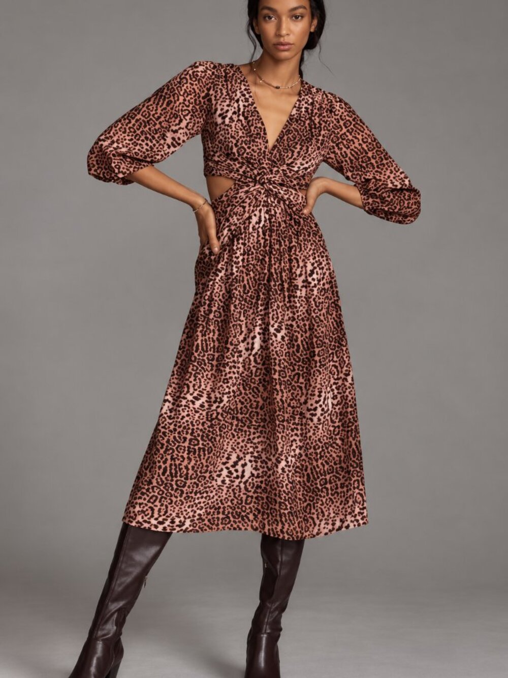 Anthropologie Ranna Gill Brown Leopard Cutout Midi Dress XL